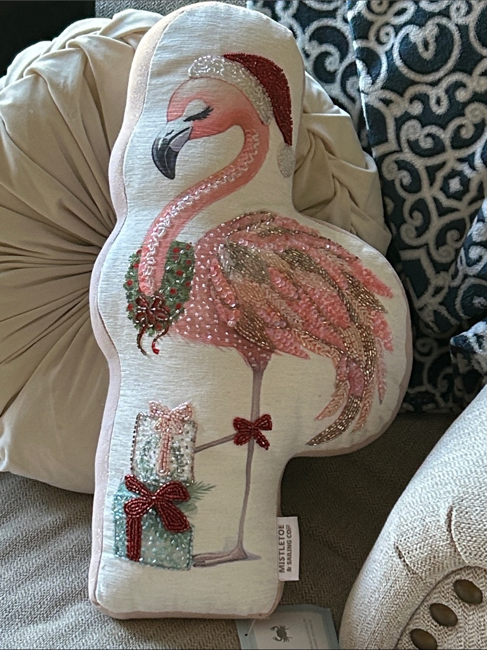 NEW! Coastal Beach Christmas Pink Flamingo Holiday Beaded Accent Throw Pillow
